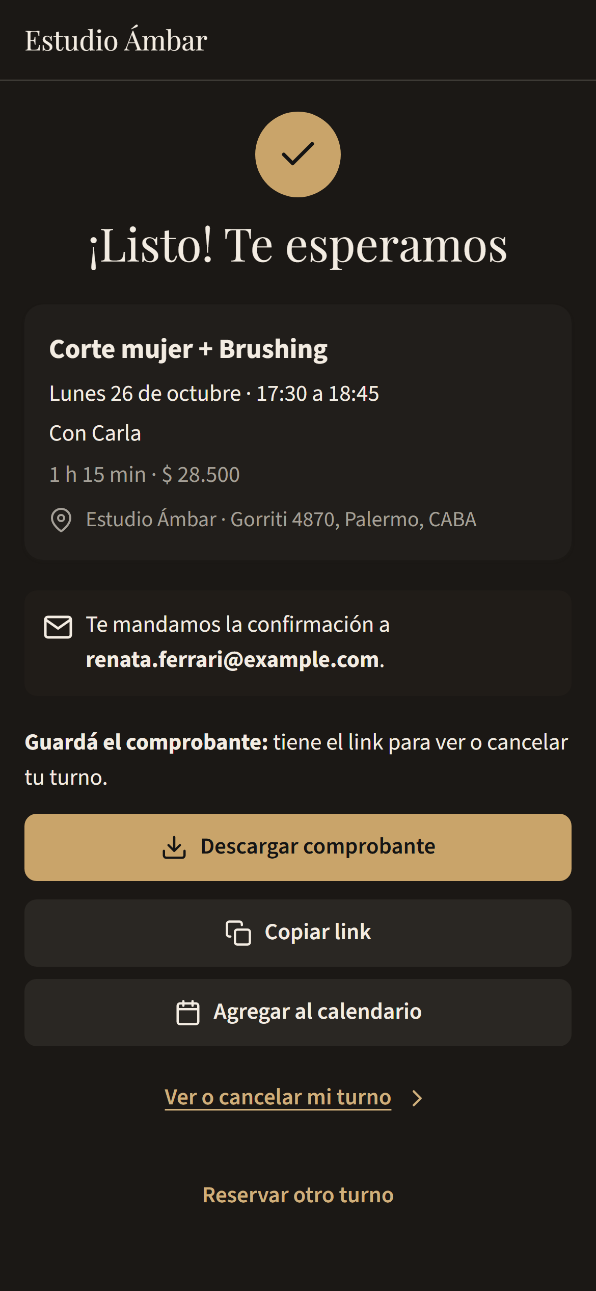 Confirmación con comprobante, copiar link y agregar al calendario.